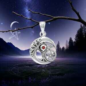 Crescent Moon Tree of Life Pentacle Garnet Pendant
